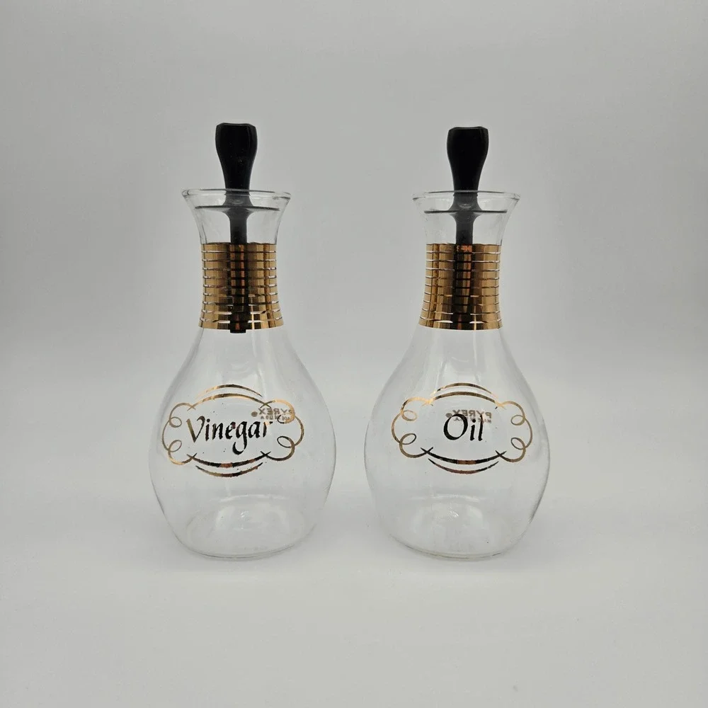 Vintage Pyrex Cruet Set Clear Gold Band Oil Vinegar Mid Century Modern Retro